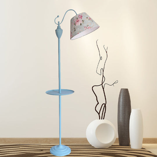 Truncated Cone Shade Floor Lamp in Macaron Fabric - Pink/Blue/Yellow | 1 Bulb, Storage Tray | Ideal for Living Room Lighting