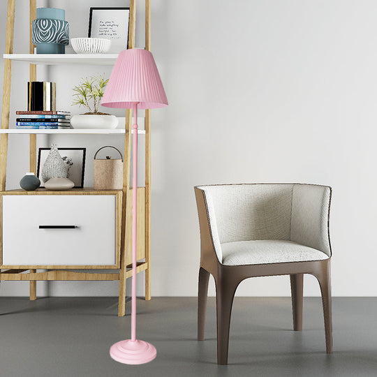 Macaron 1-Light Straight Rod Iron Floor Lamp in Pink/Green with Pleated Pink/Yellow Shade