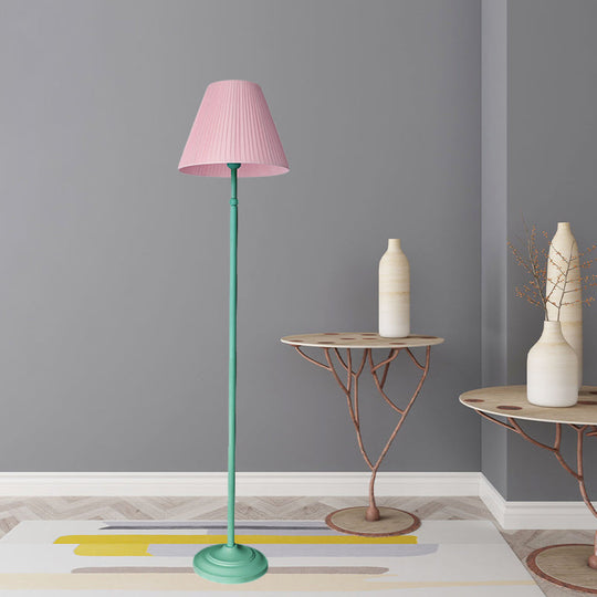Macaron 1-Light Straight Rod Iron Floor Lamp in Pink/Green with Pleated Pink/Yellow Shade