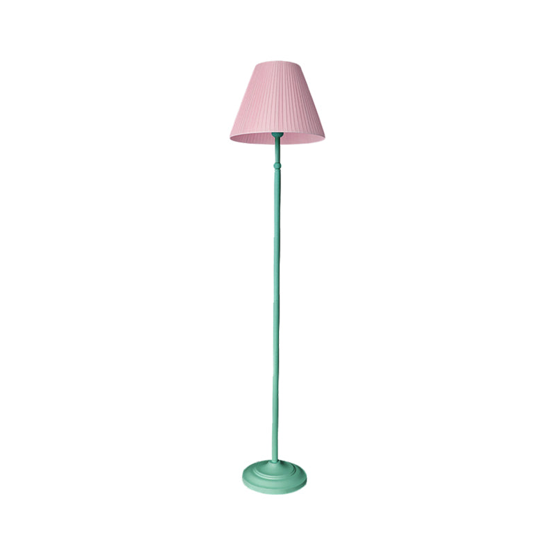 Macaron 1-Light Straight Rod Iron Floor Lamp in Pink/Green with Pleated Pink/Yellow Shade