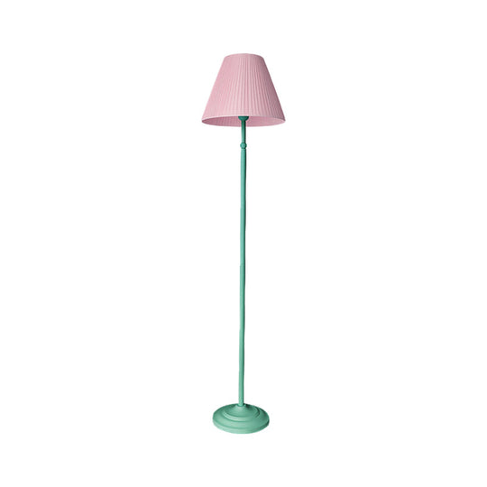 Macaron 1-Light Straight Rod Iron Floor Lamp in Pink/Green with Pleated Pink/Yellow Shade