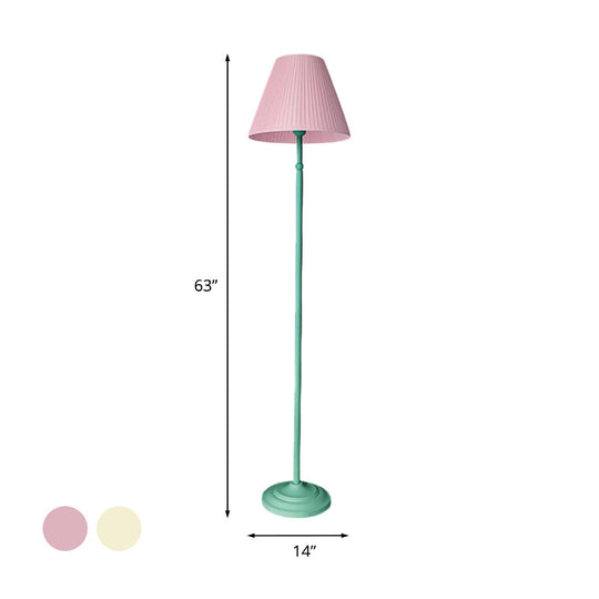 Macaron 1-Light Straight Rod Iron Floor Lamp in Pink/Green with Pleated Pink/Yellow Shade