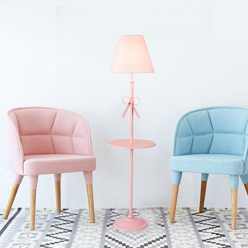 Fabric Conic Floor Standing Lamp for Kids - Single Beige/Pink Lighting with Table and Bow-Knot