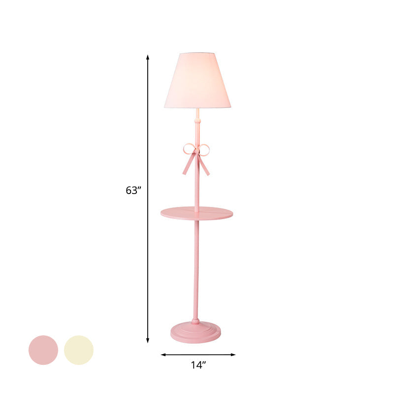 Fabric Conic Floor Standing Lamp for Kids - Single Beige/Pink Lighting with Table and Bow-Knot