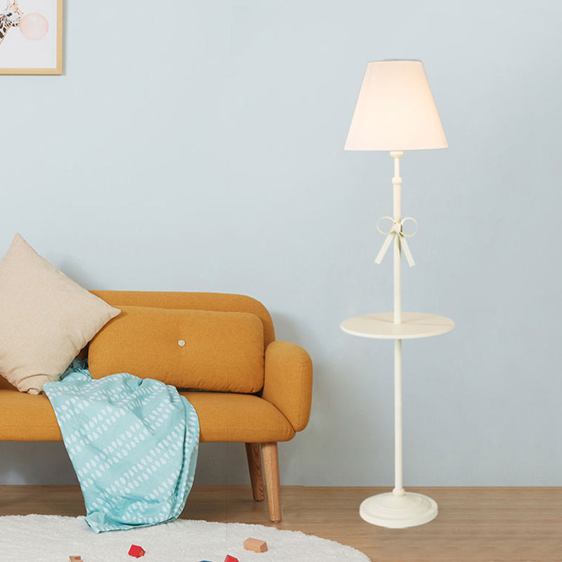 Fabric Conic Floor Standing Lamp for Kids - Single Beige/Pink Lighting with Table and Bow-Knot
