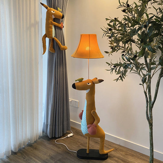 Children's Angry Kangaroo Floor Lamp in Brown - Light Fabric, Single Stand with Shade