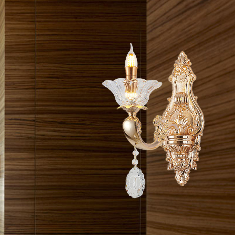 Vintage Crystal Glass Wall Sconce Light with Gold Finish - Retro Candlestick, Wall Mounted - Half Bulb Design