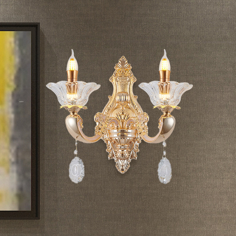 Vintage Crystal Glass Wall Sconce Light with Gold Finish - Retro Candlestick, Wall Mounted - Half Bulb Design