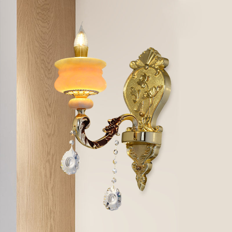 Traditional Gold Jade Candelabra Wall Lamp with Crystal Drop - Wall Mounted Light Fixture
