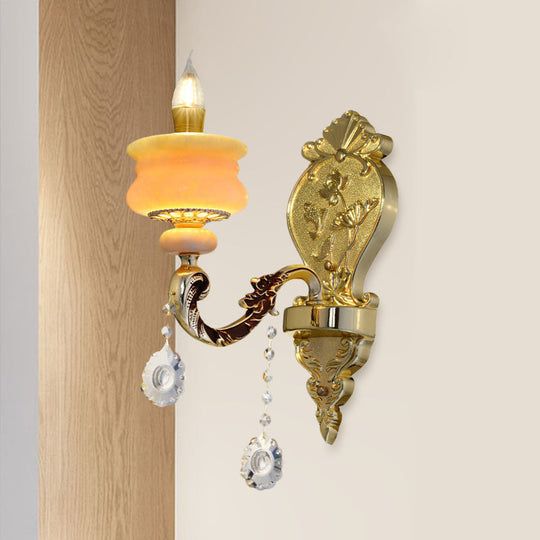 Traditional Gold Jade Candelabra Wall Lamp with Crystal Drop - Wall Mounted Light Fixture