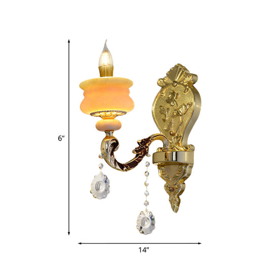 Traditional Gold Jade Candelabra Wall Lamp with Crystal Drop - Wall Mounted Light Fixture