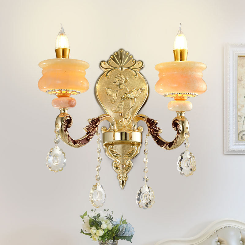 Traditional Gold Jade Candelabra Wall Lamp with Crystal Drop - Wall Mounted Light Fixture