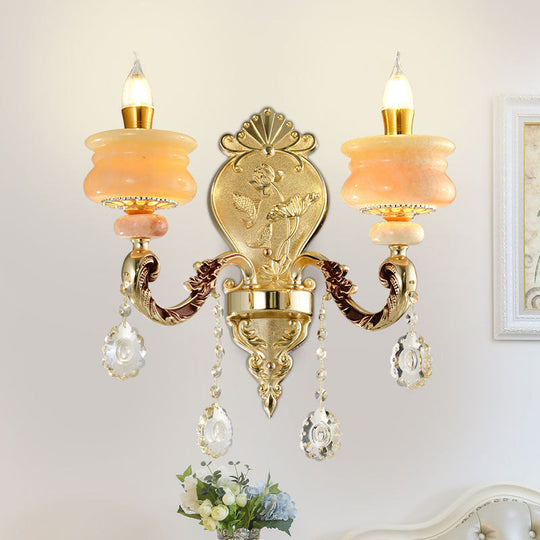 Traditional Gold Jade Candelabra Wall Lamp with Crystal Drop - Wall Mounted Light Fixture