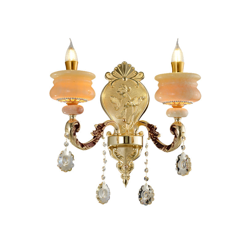 Traditional Gold Jade Candelabra Wall Lamp with Crystal Drop - Wall Mounted Light Fixture