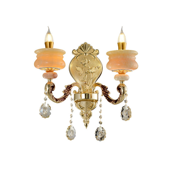 Traditional Gold Jade Candelabra Wall Lamp with Crystal Drop - Wall Mounted Light Fixture