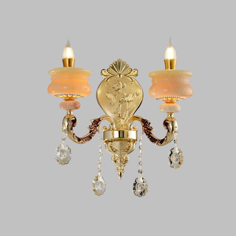 Traditional Gold Jade Candelabra Wall Lamp with Crystal Drop - Wall Mounted Light Fixture