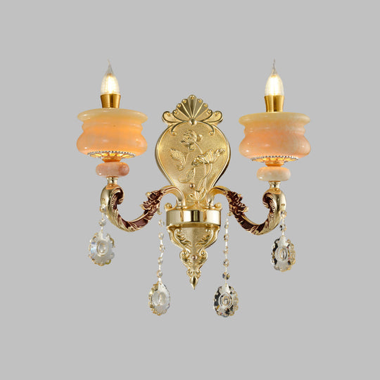 Traditional Gold Jade Candelabra Wall Lamp with Crystal Drop - Wall Mounted Light Fixture
