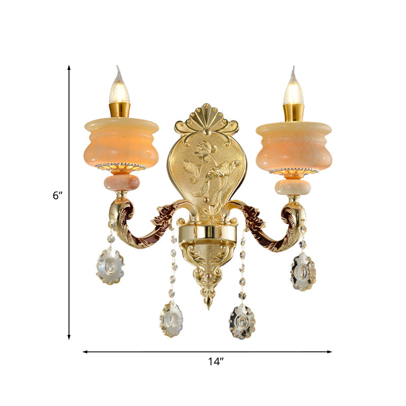 Traditional Gold Jade Candelabra Wall Lamp with Crystal Drop - Wall Mounted Light Fixture