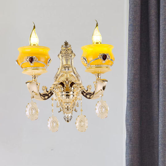 Vintage Gold Wall Sconce with Crystal Drop - Candlestick Jade Wall Lamp for Bedroom