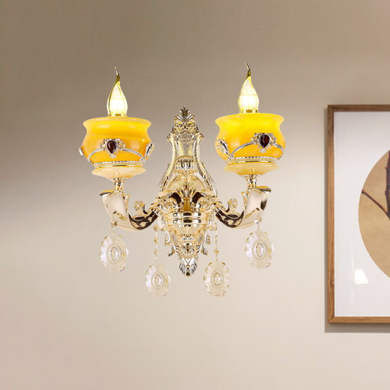 Vintage Gold Wall Sconce with Crystal Drop - Candlestick Jade Wall Lamp for Bedroom