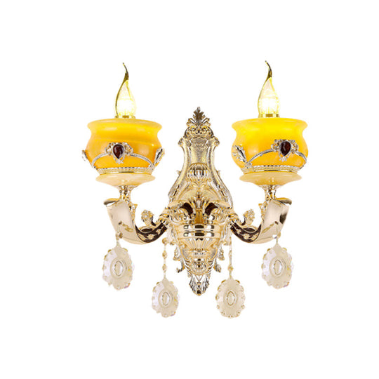 Vintage Gold Wall Sconce with Crystal Drop - Candlestick Jade Wall Lamp for Bedroom