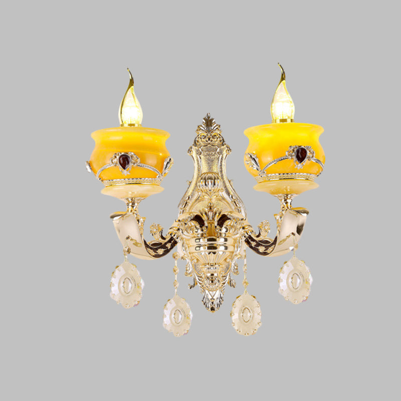 Vintage Gold Wall Sconce with Crystal Drop - Candlestick Jade Wall Lamp for Bedroom