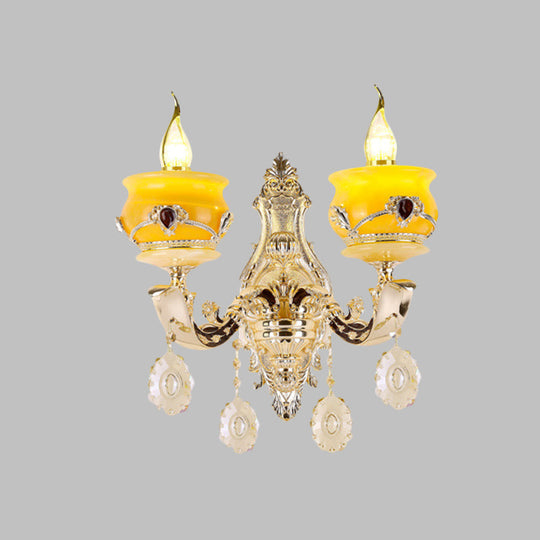 Vintage Gold Wall Sconce with Crystal Drop - Candlestick Jade Wall Lamp for Bedroom