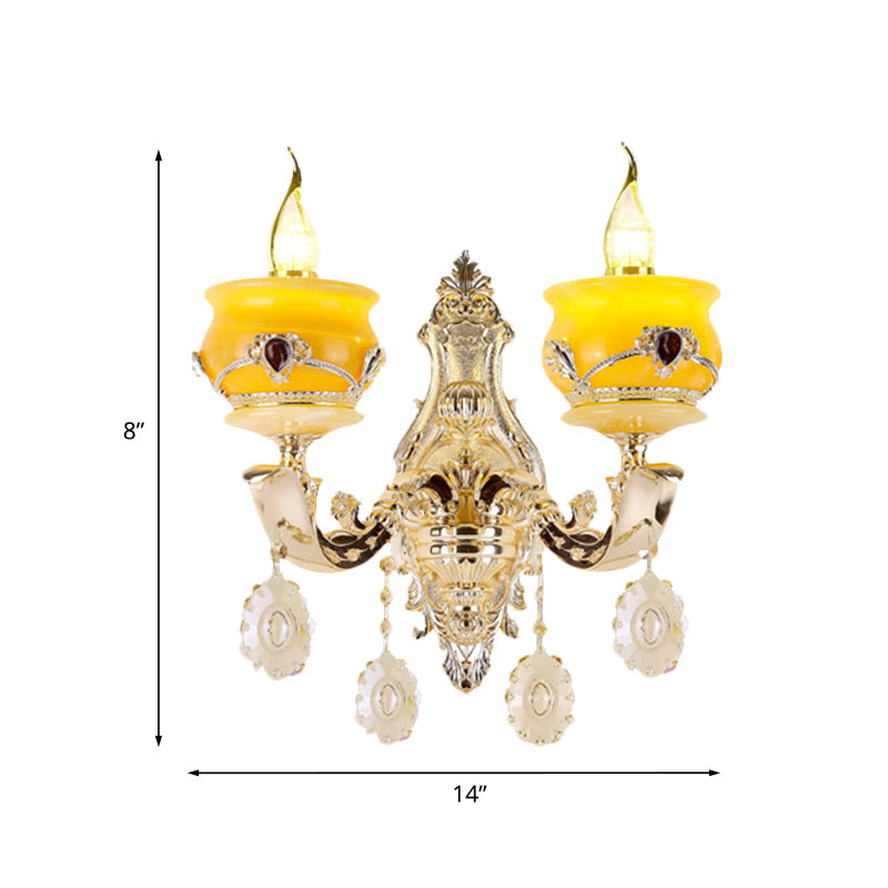 Vintage Gold Wall Sconce with Crystal Drop - Candlestick Jade Wall Lamp for Bedroom