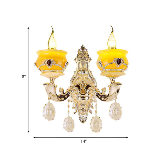 Vintage Gold Wall Sconce with Crystal Drop - Candlestick Jade Wall Lamp for Bedroom