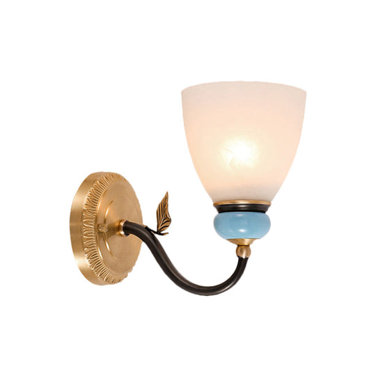 1 Bulb Traditional Black and Gold Corner Wall Lamp with White Glass Cone Shade