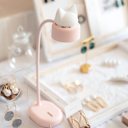 Children's USB Rechargeable LED Nightstand Light: White/Pink/Green Cat Rotating Table Lamp