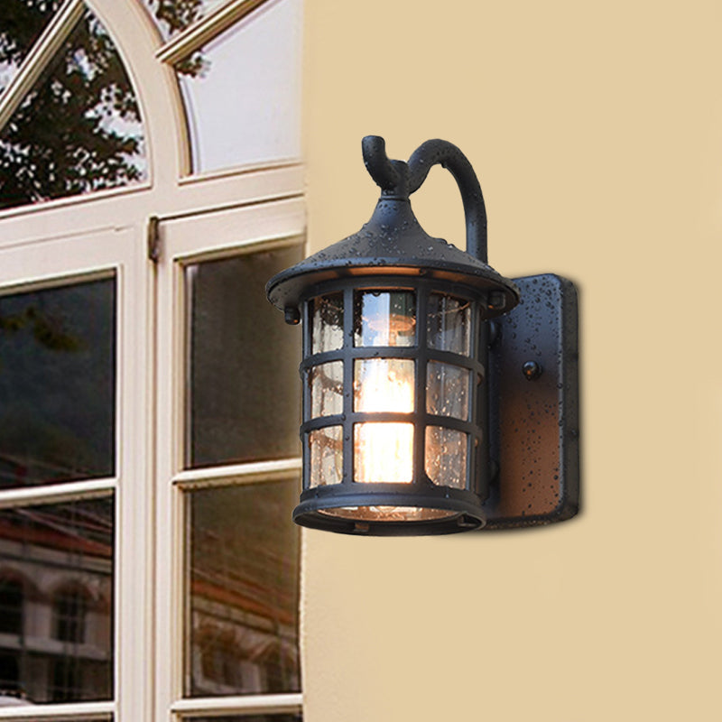 Seeded Glass Lantern Wall Lamp - Countryside Outdoor Wall Light (Bronze/Black)