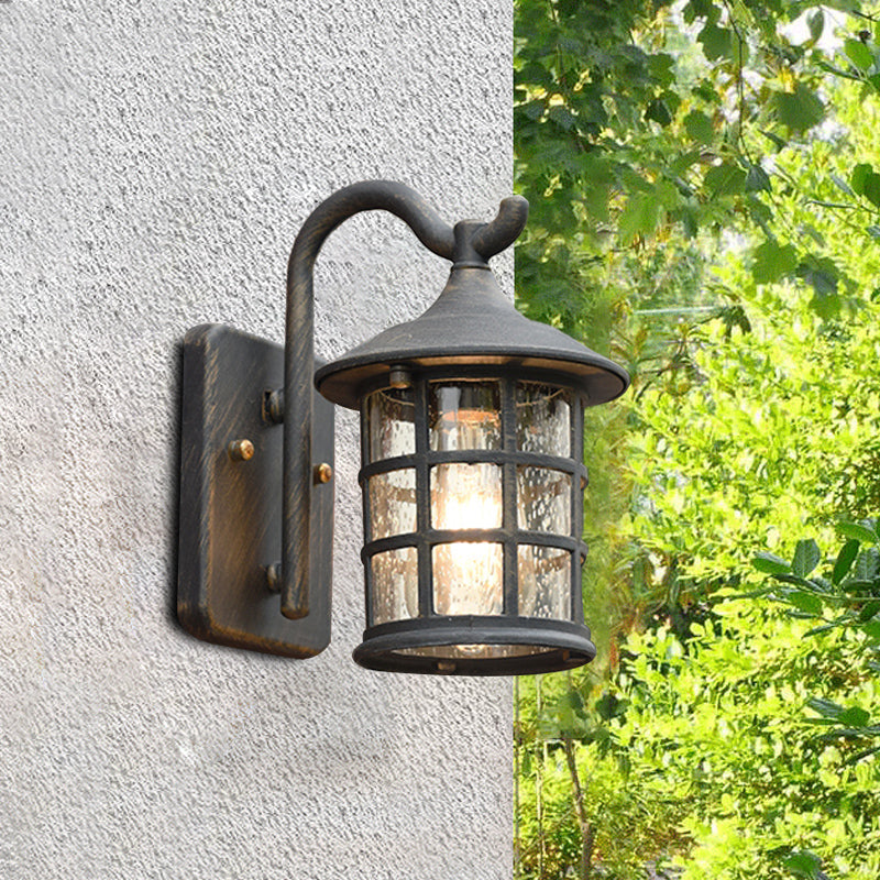 Seeded Glass Lantern Wall Lamp - Countryside Outdoor Wall Light (Bronze/Black)
