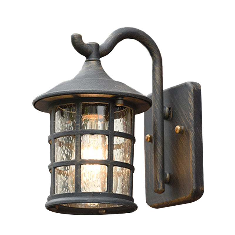 Seeded Glass Lantern Wall Lamp - Countryside Outdoor Wall Light (Bronze/Black)