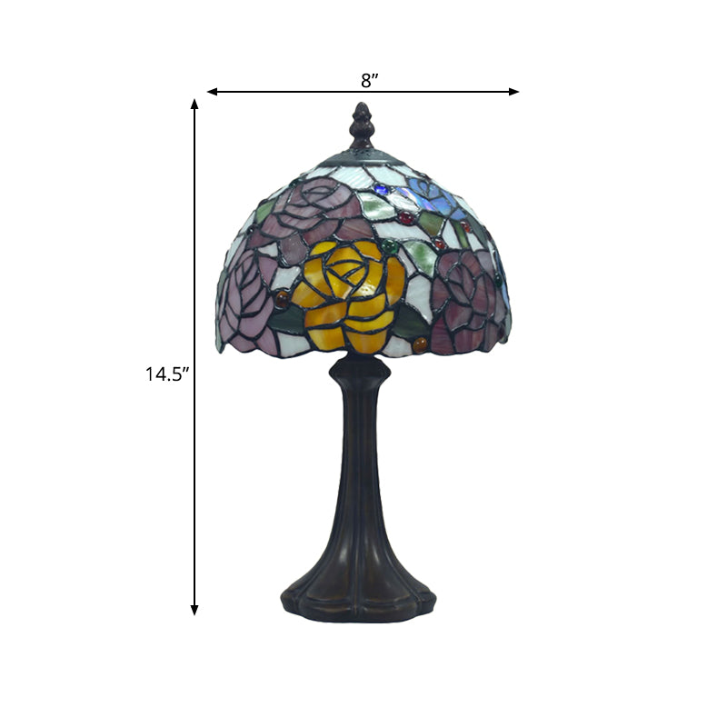 1-Head Stained Glass Tiffany Table Lamp with Bowl Shade - Rosebush Nightstand Light in Bronze