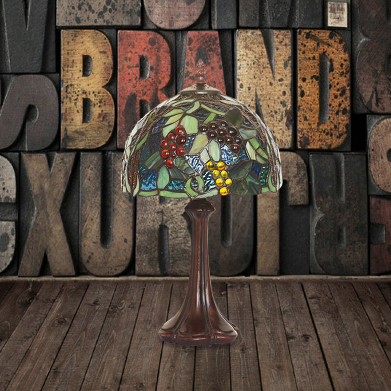 1-Light Tiffany Coffee Bedside Lamp with Stained Glass Dome Shade and Grapes Pattern, Night Light