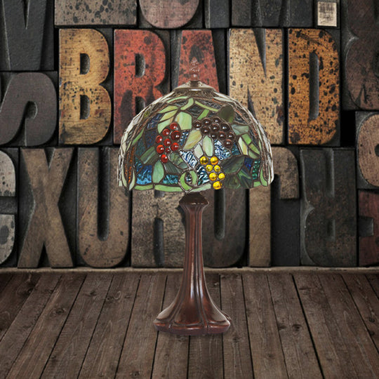 1-Light Tiffany Coffee Bedside Lamp with Stained Glass Dome Shade and Grapes Pattern, Night Light