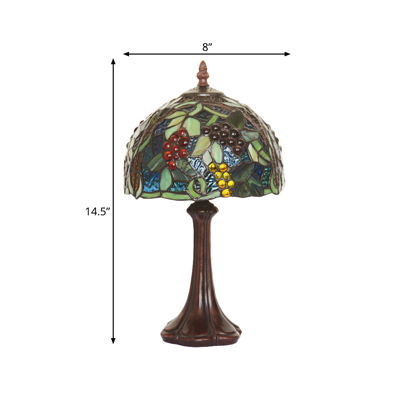 1-Light Tiffany Coffee Bedside Lamp with Stained Glass Dome Shade and Grapes Pattern, Night Light