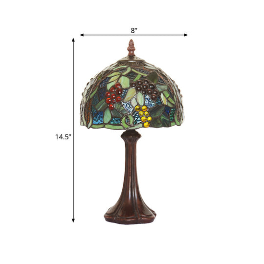 1-Light Tiffany Coffee Bedside Lamp with Stained Glass Dome Shade and Grapes Pattern, Night Light