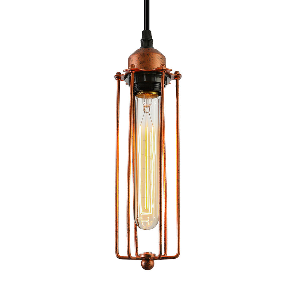 Vintage-Style 1-Bulb Dark Rust Tube Pendant Lighting with Wire Guard for Kitchen