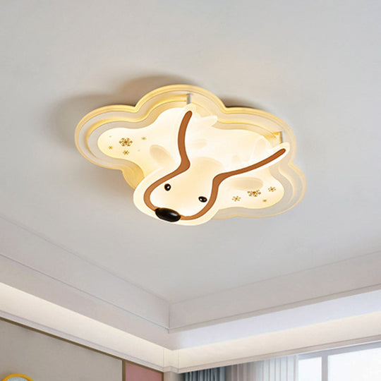 Kids' LED Flush Ceiling Light - Deer Patterned Cloud, Acrylic Bedroom Lamp in White