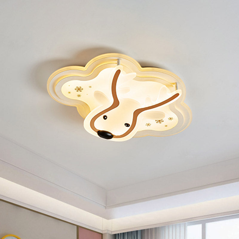 Kids' LED Flush Ceiling Light - Deer Patterned Cloud, Acrylic Bedroom Lamp in White