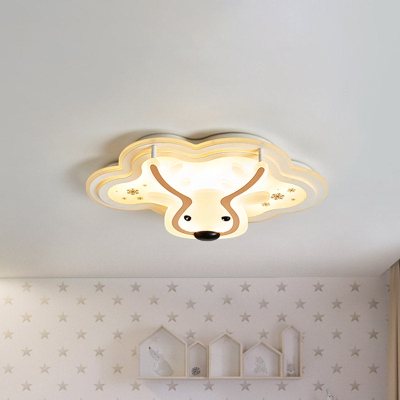 Kids' LED Flush Ceiling Light - Deer Patterned Cloud, Acrylic Bedroom Lamp in White