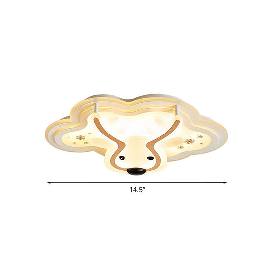 Kids' LED Flush Ceiling Light - Deer Patterned Cloud, Acrylic Bedroom Lamp in White