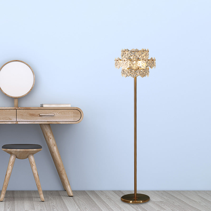 Gold Tiered Hexagon Crystal Floor Lamp - Mid Century 1-Light, Stand Up Lighting for Sitting Room