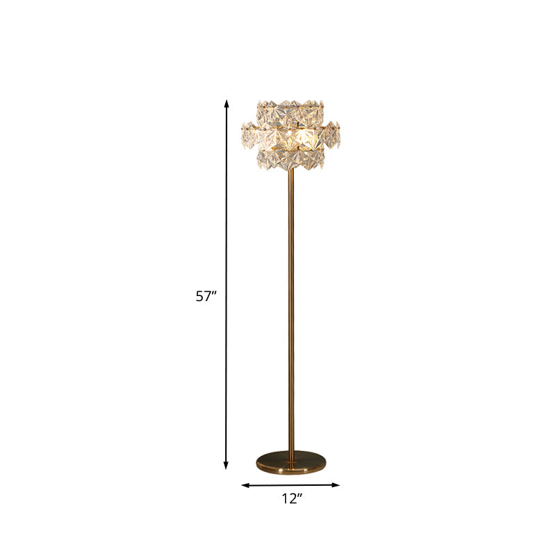 Gold Tiered Hexagon Crystal Floor Lamp - Mid Century 1-Light, Stand Up Lighting for Sitting Room
