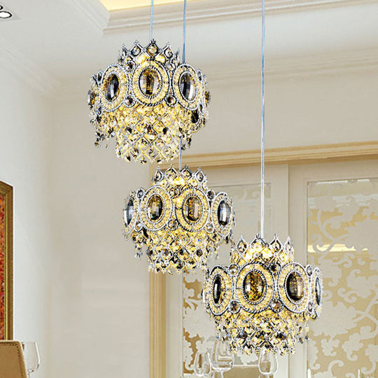 Modern Floral Layered Crystal Pendant Lamp with 3 Bulbs in Chrome Finish