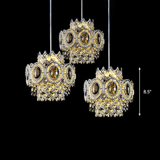 Modern Floral Layered Crystal Pendant Lamp with 3 Bulbs in Chrome Finish