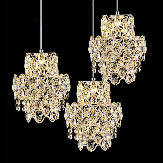 Modern Crystal Hanging Light Fixture with Clear Beveled Crystal - 3 Heads, 2 Layers