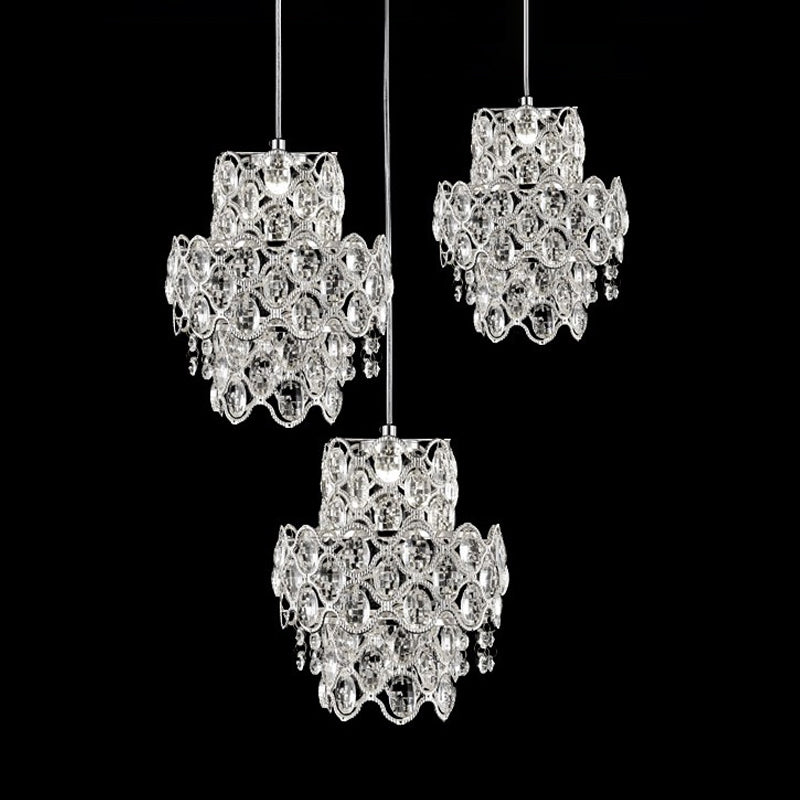 Modern Crystal Hanging Light Fixture with Clear Beveled Crystal - 3 Heads, 2 Layers